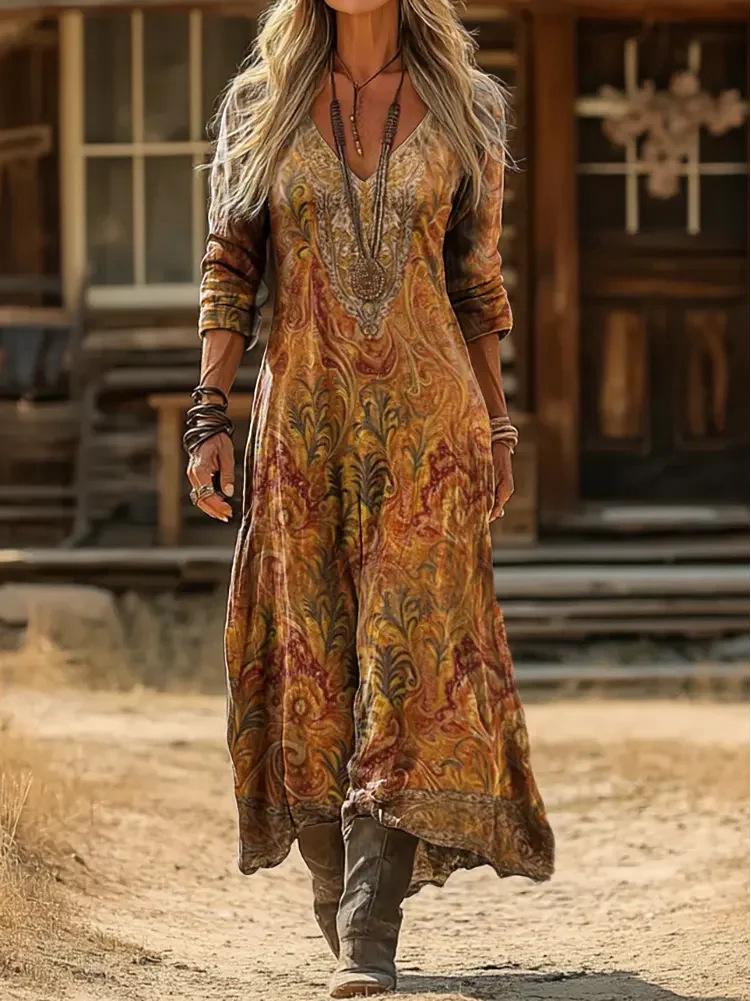 Damen Retro Blumenmuster Langarmkleid - Europäischer & Amerikanischer Stil