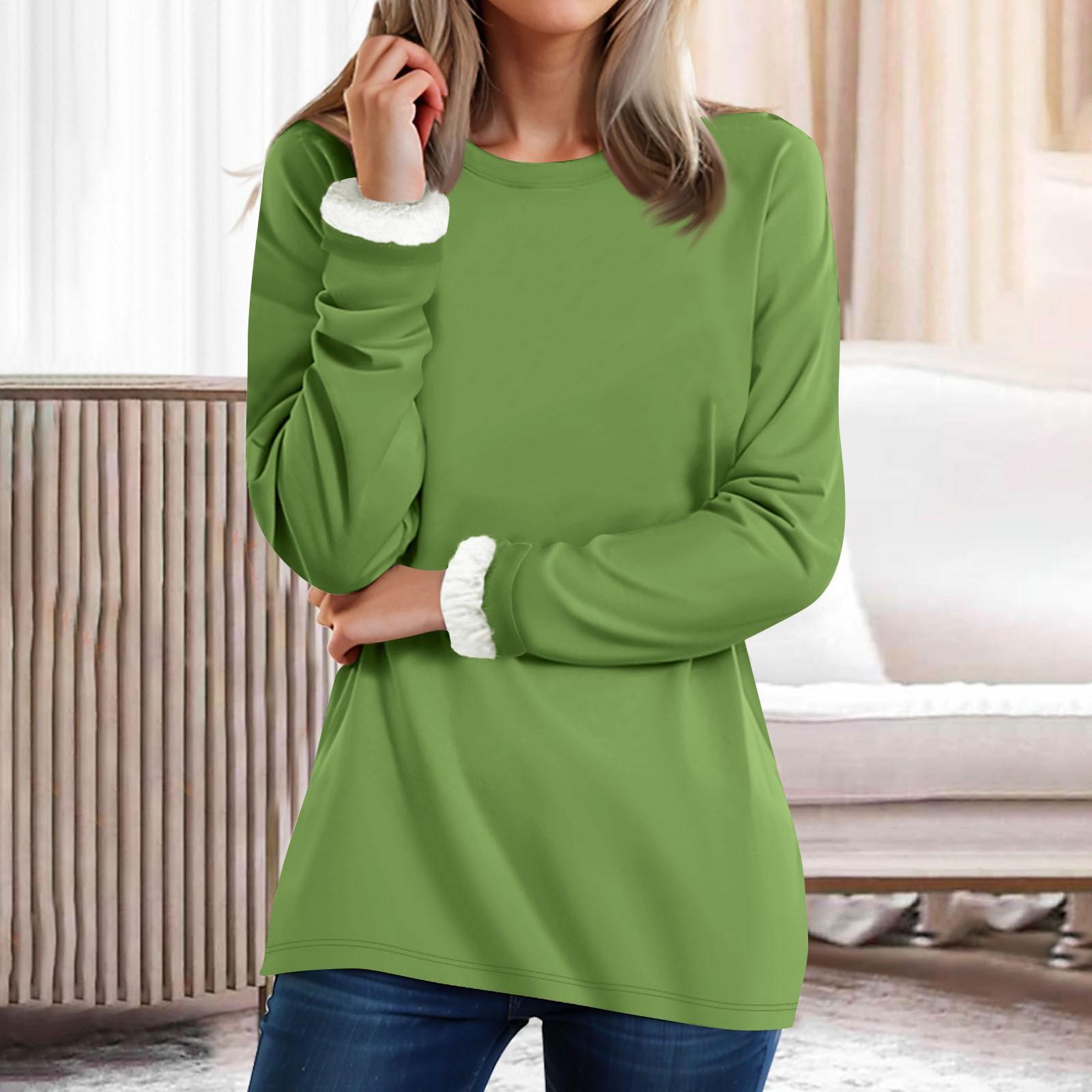 

Женский топ с круглым вырезом, однотонный утепленный плюшевый кашемировый теплый длинный топ XL зелёный