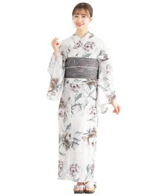 SOUBIEN Ensemble Yukata Floro et Otome no Hanayome Gratuit en Gris pour Femme 3 Pièces (Yukata, Obi demi-largeur, Geta), Taille, (Kimono à fleurs) (ykt10250-obh10032)