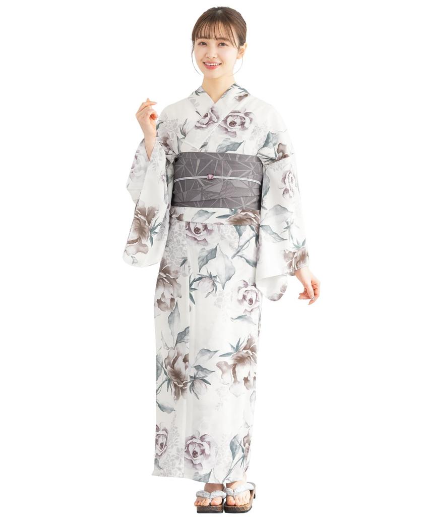 SOUBIEN Floro Yukata Set and Free Otome No Hanayome In Gray Women's 3-Piece (Yukata, Half-Width Obi, Geta), Size, (Flower Kimono) (ykt10250-obh10032)