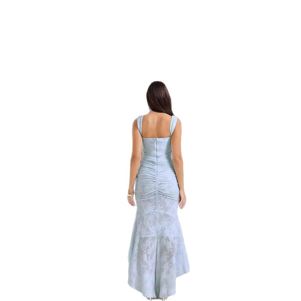 European & American Hot Girl Print One-Shoulder Maxi Dress with Spaghetti Straps, Open Back & Fishtail Skirt - 2025 Sexy Edition