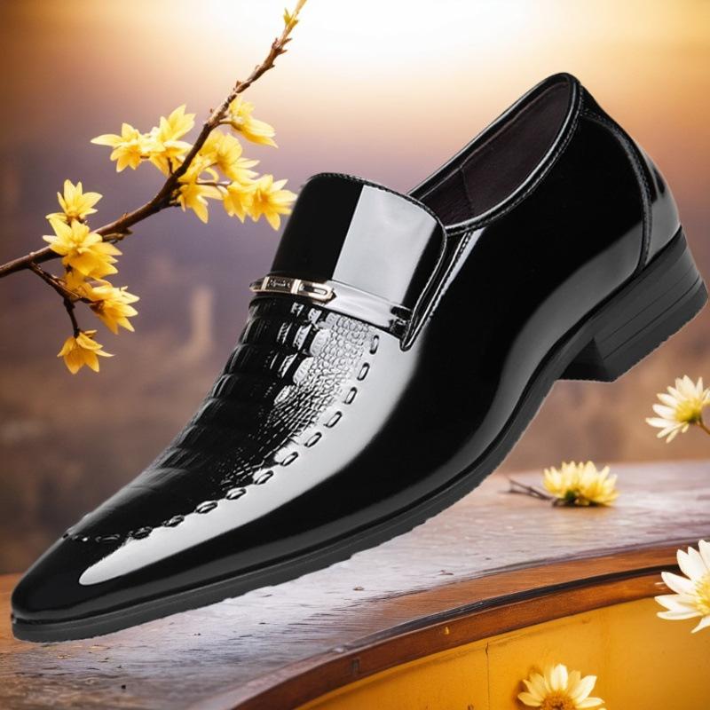 Men'S Croc-Embossed Patent Leather Dress Shoes Wide Width Pointed Toe Slip-On Business Formal Comfort Non-Slip Office Wedding