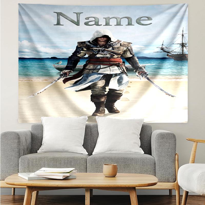 Custom Name Assassin's Creed Print Tapestry, Backdrop, Easy Setup, Ideal for Bedroom, Office & Living Room, with Aesthetic Wall Hanging Decor.