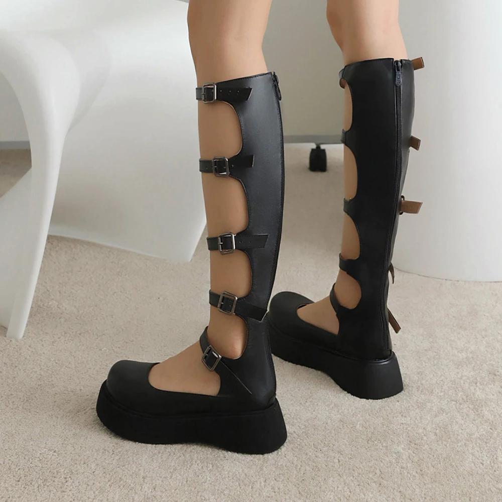 Fashion Wedges Thick Platform Girl Mary Janes Women Buckle Hollow Motorcycle Punk Cool Boots Sandals New Designer Lolita Women Shoes