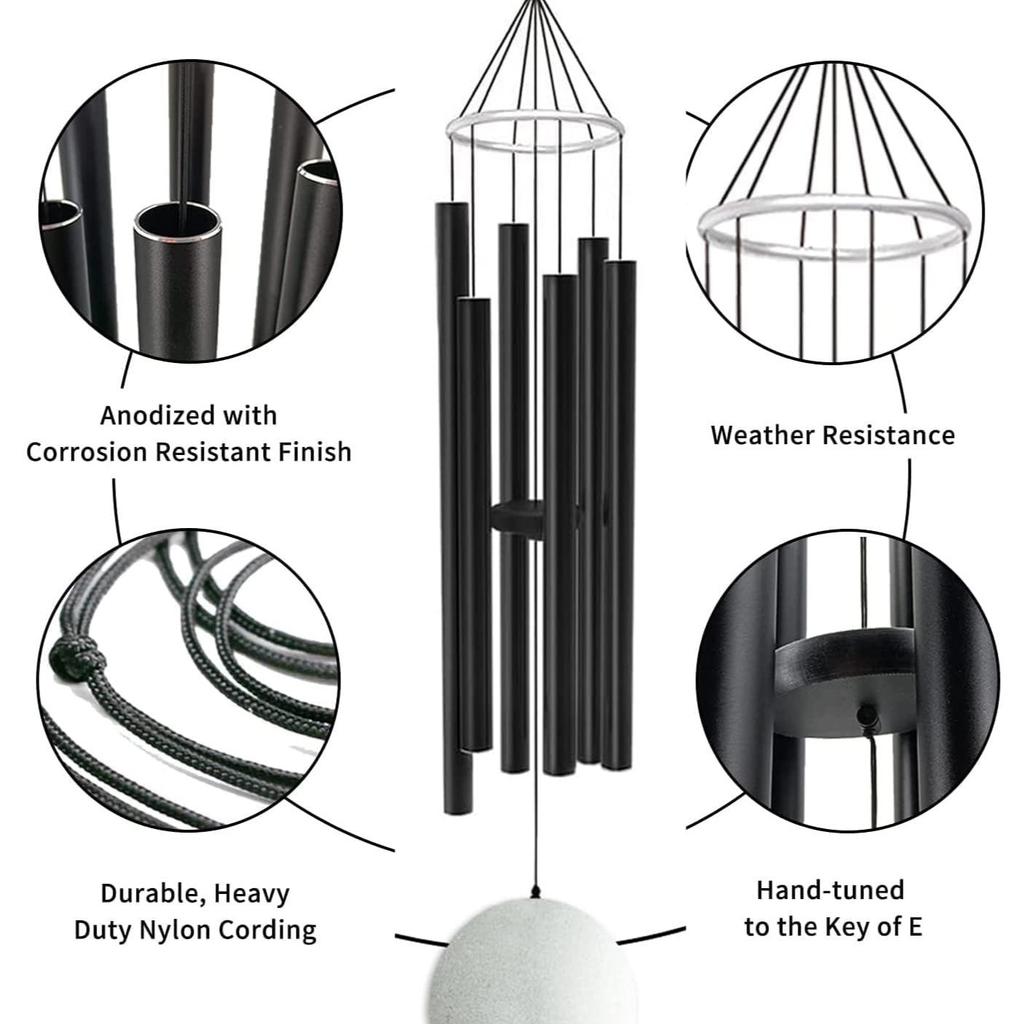 30.5 inch Big Wind Chimes for Home Balcony Positive Energy- Positive Energy Items (Black 6 Pipe Wind Chime) (Silver Black)