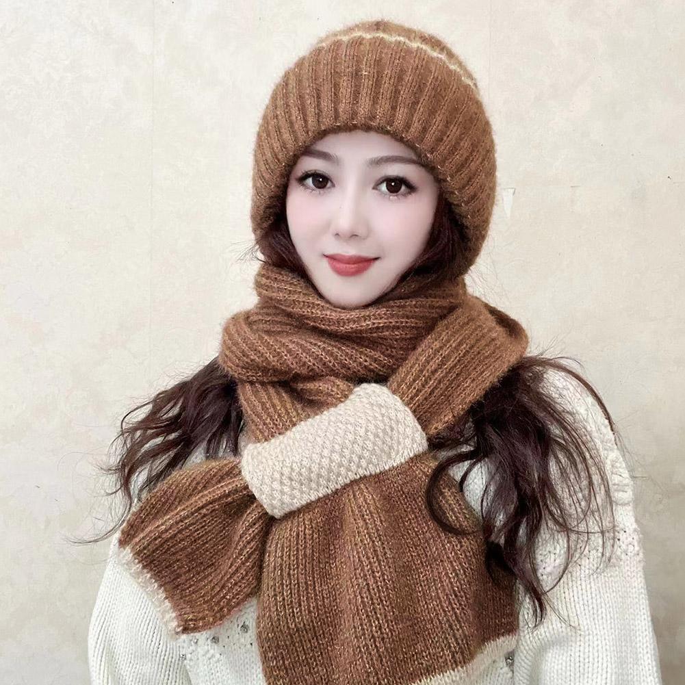 Knitted Snow Hat Integrated Ear Protection Windproof Cap Scarf Neck Warmer Cross Cycling Balaclavas Hat Soft Thicken Outdoor Cap