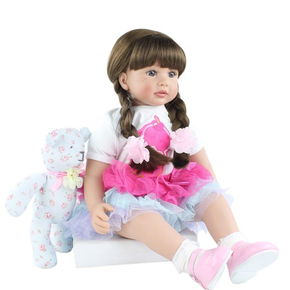 BZDOLL 60cm Silicone Reborn Baby Doll Toy For Girl 24 Inch Long Hair Princess Toddler With Bear Dress Up Play House Bebe Birthday Gift