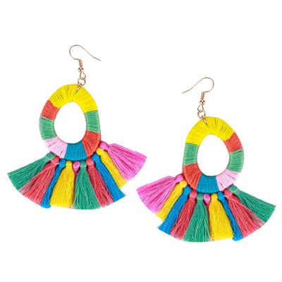 Boho Bunte Fächerförmige Quastenohrringe Handgemacht Großer Ring Lange Hängeohrringe Damenschmuck