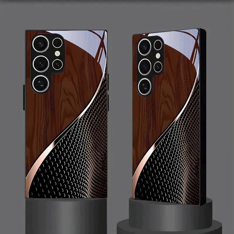 Dark Brown Wood Grain and Grain Scale Tempered Glass Phone Case Suitable for Samsung Galaxy S26 S25 S24 S22 S21 FE/Ultra/Plus