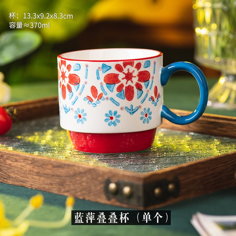 

Stacked cup Ceramic water cup Household couple cup cover Assembly iron frame retro breakfast cup High value mug 370