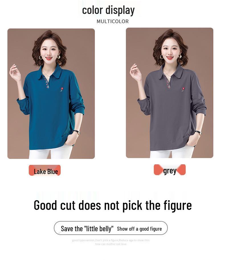 Plus Size Women's Long Sleeve Polo Collar Cotton T-shirt - Autumn Casual Loose Fit for Middle-Aged & Elderly