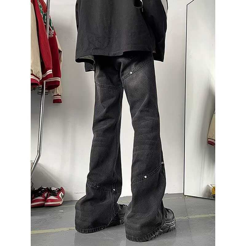 JYL Unisex Flare Jeans Autumn American Studded Ins Loose Straight Trendy Denim Pants