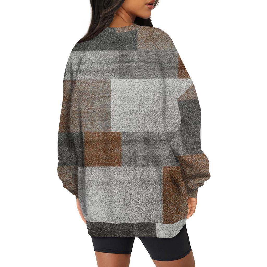 Damen Casual Print Rundhals Lose Langarm Sweatshirt Top Mit Tasche