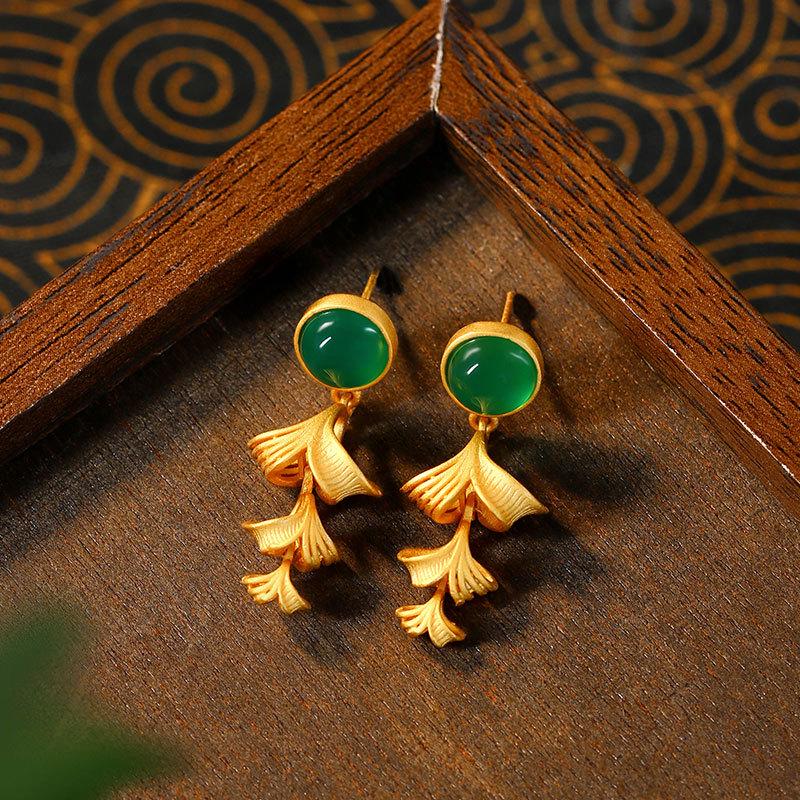 

Aieryuan Gold-Plated Ginkgo Leaf Jade Stud Earrings Gold Plated