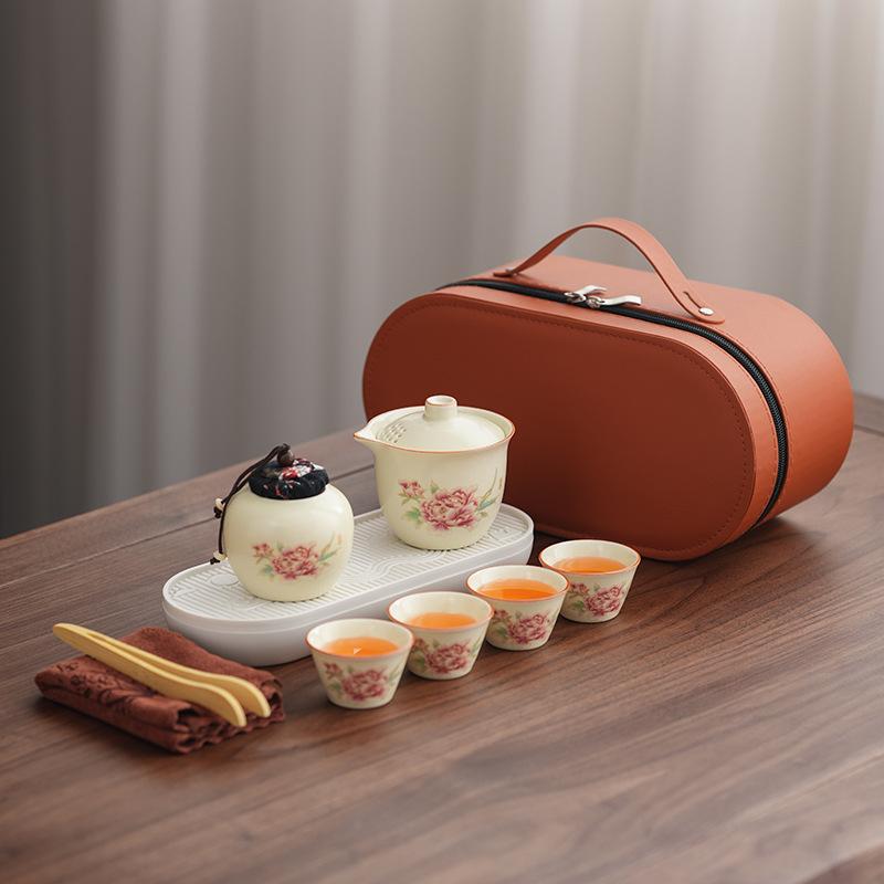 Ceramic Travel Tea Set One Pot Four Cups Outdoor Camping Portable Kung Fu Tea Set