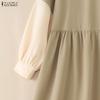 ZANZEA Women Casual Stand Collar Loose Long Sleeve Patchwork Long Dress