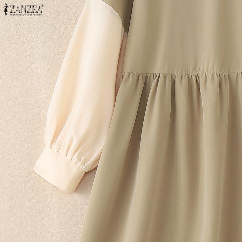 ZANZEA Women Casual Stand Collar Loose Long Sleeve Patchwork Long Dress