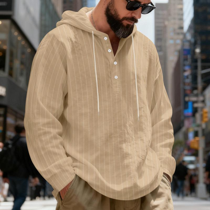 Мужская свободная рубашка-henley с капюшоном, в полоску, из льна, для весны и осени, большого размера, повседневная M