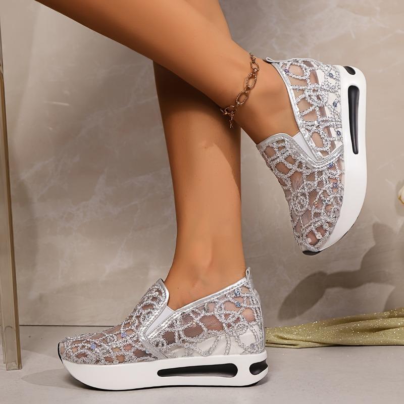 Women's Low-top Sneakers With Shiny Mesh, Breathable Fabric, EVA Sole, All-season Casual Sports Shoes