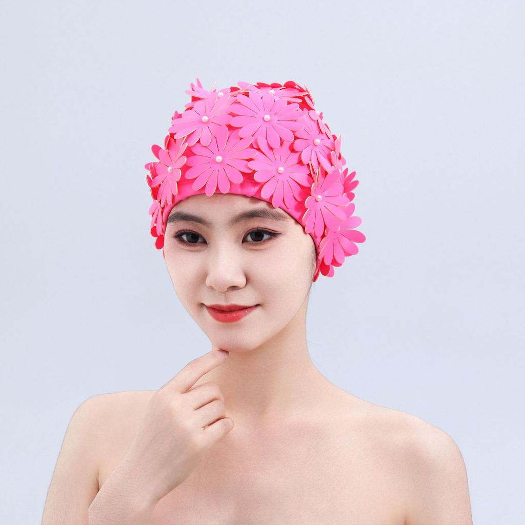 2026 PU Waterproof Swimming Cap Female Double Thickened Handmade Three-dimensional Single-layer Three-layer Flowers Fashion Female Swimming Cap