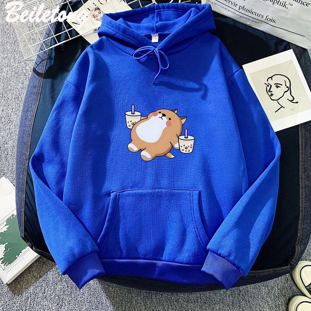 Boba Tea Hoodie Cute Dog Print Oversized Cartoon Women Sweatshirt Hoodie Kawaii Clothes for Girl Pullover Casual Harajuku