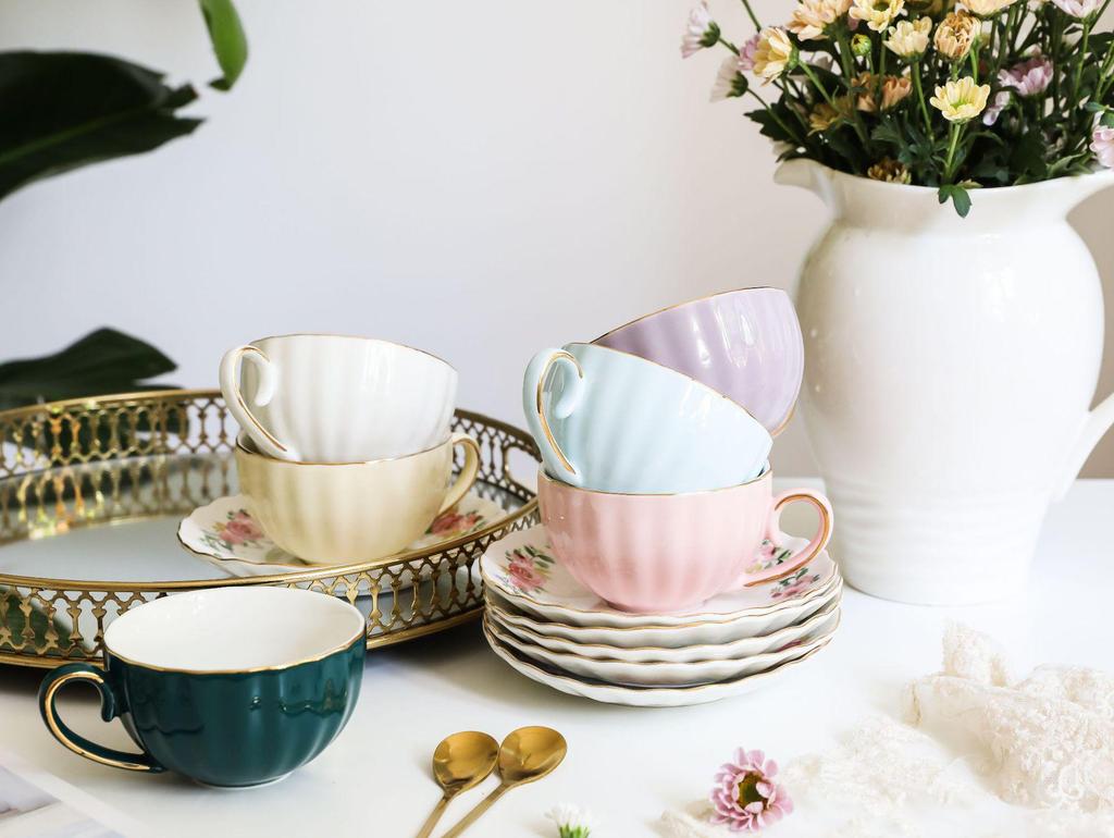 European Ceramic Floral Coffee & Tea Cup Set with Saucer – Home Use for English Afternoon Tea