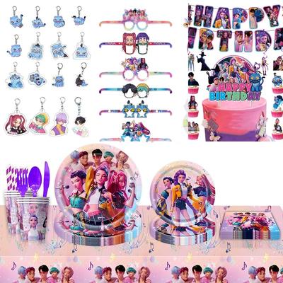 Kpop Demnn Huter Disposable Tableware Kpop Anime Huntrix Birthday Party Supplies Cups Plates Flags Decor Backdrop Po Props
