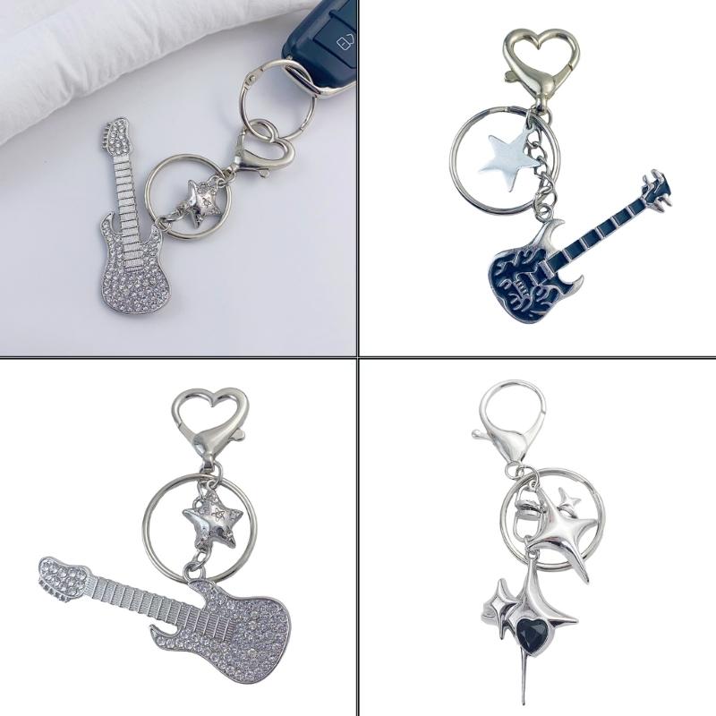 Elegant Full Rhinestones Metal Guitar Keychain Star Charm Keyring Pendant for Music Lovers and Fashion Enthusiasts