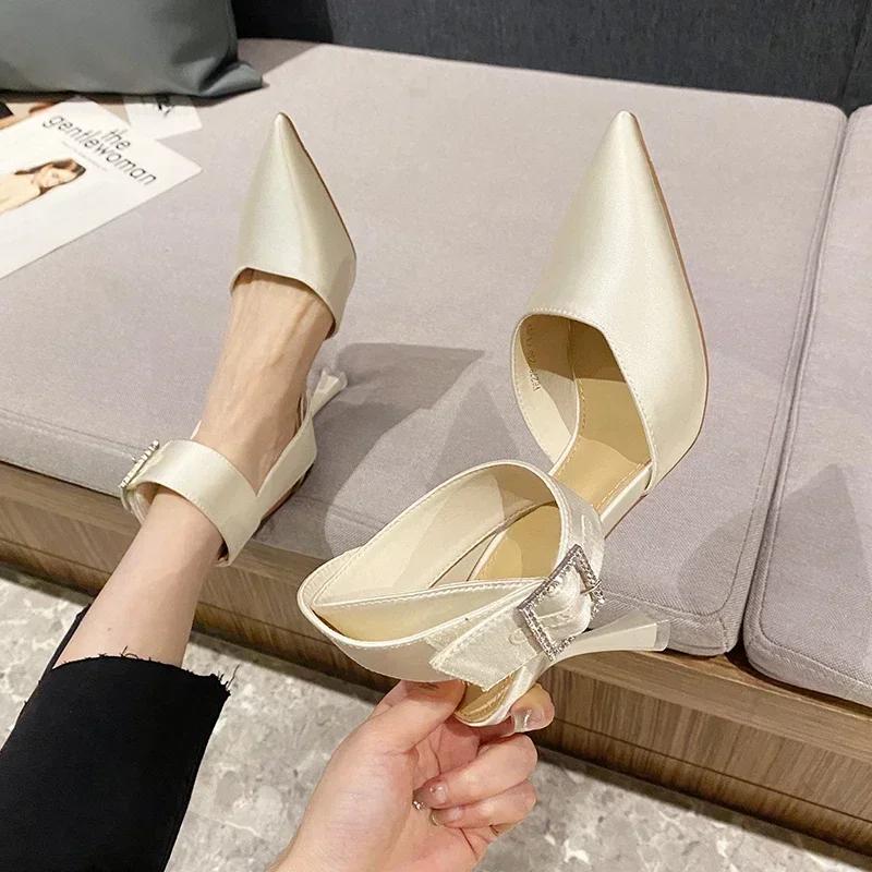 Fashion New Luxury Women's Sandals Sexy High Heels Temperamental Pointed Satin Baotou Square Buckle Rhinestone Party Shoes Summer