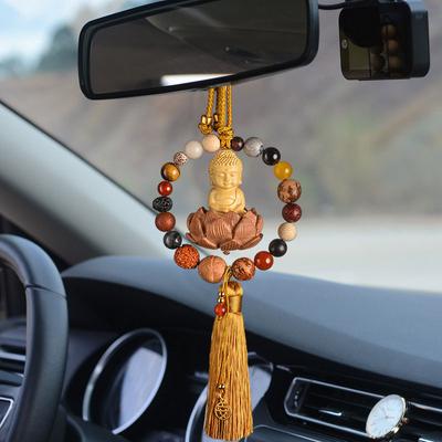 Car Rearview Mirror Buddha Pendant Creative Carving Chinese Bodhi Peach Wood  Lotus Bodhisattva Auto Hanging Tassel Decor