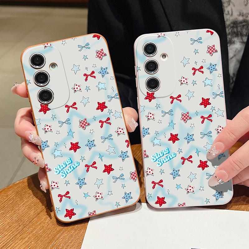 Blue Stars Bowknots Pattern Case For Samsung Galaxy A57 A37 A17 A56 A36 A26 A16 A55 A35 A15 A54 A34 A14 5G Leather Texture Silicone Cover