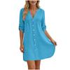 Women’s V Neck Button Down Tunic Shirt Dress with 3/4 Roll Tab Sleeves and Pintuck Front Casual Loose Fit