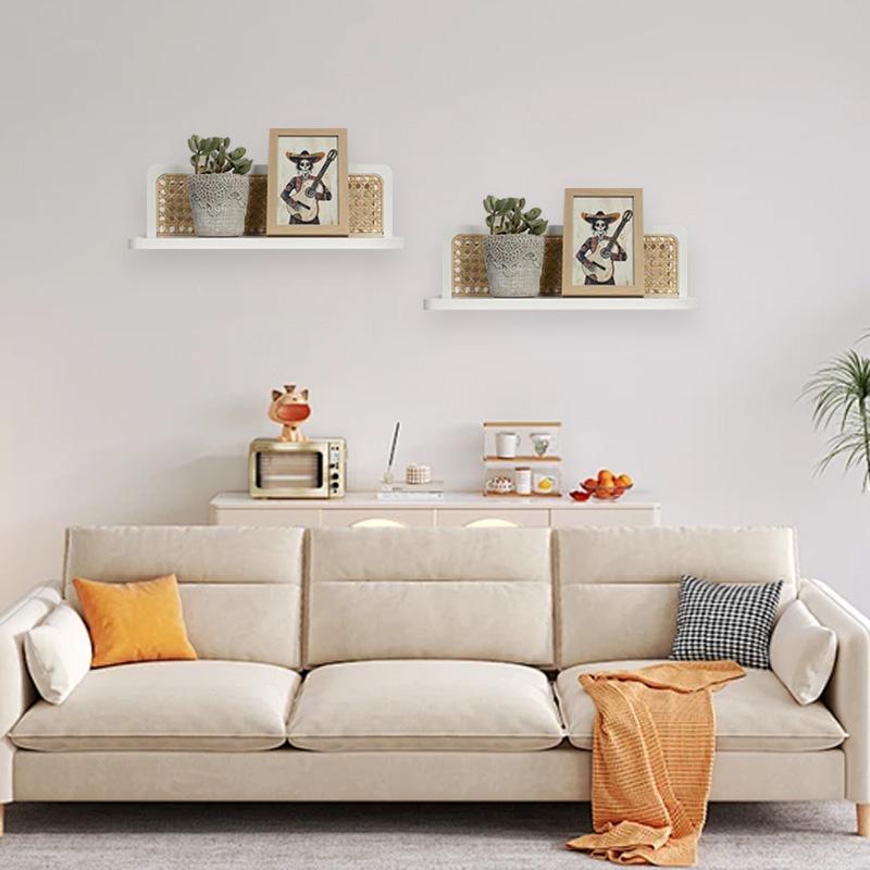 1Pc Wall Decoration Art Decoration Wooden Shelf Bohemian Style Display Rack Natural Rattan Rattan Storage Rack Wall Mounted