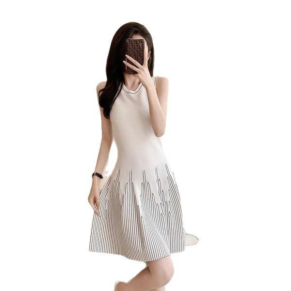 Minimalist Striped Sleeveless Knit Midi Dress with Waist-Cinching Design for Women