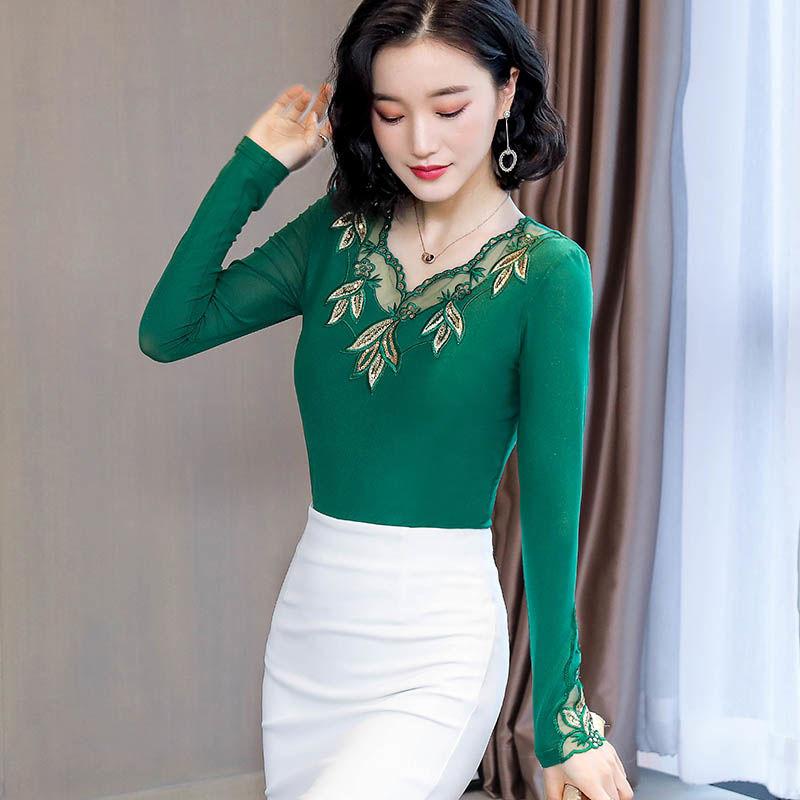 Elegant Lace Long Sleeve Top Women Spring Autumn Slim Fit Sheer Mesh Blouse Fashion Inner Wear