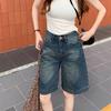 Women's High Rise Denim Shorts Wide Leg Loose Fit Knee Length Bermuda Jeans Shorts