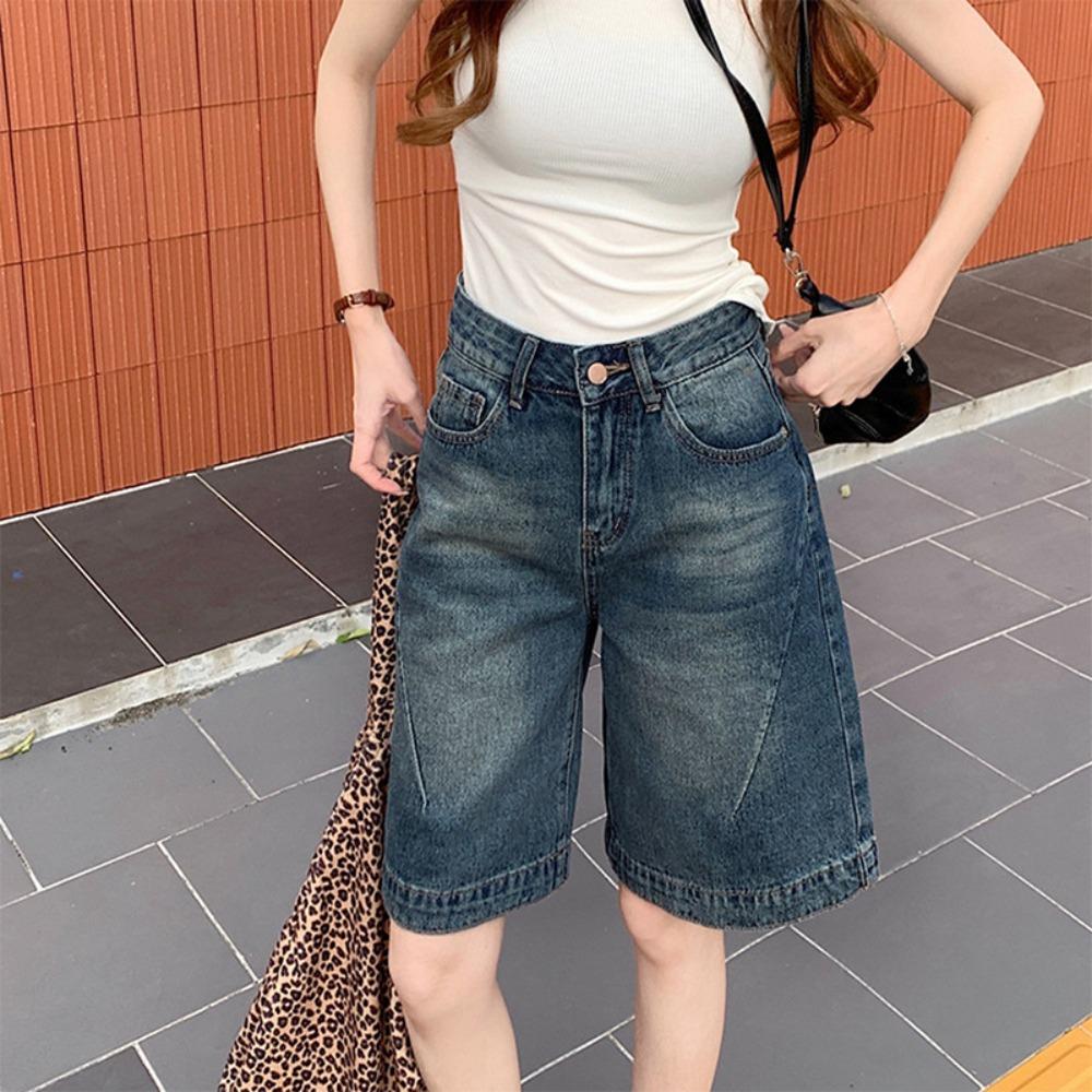 Women's High Rise Denim Shorts Wide Leg Loose Fit Knee Length Bermuda Jeans Shorts