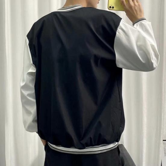 Giacca da Uomo Autunno Inverno Ricamo Lettera Collo Alto a Righe Monopetto Stile Giovane Cardigan Largo Manica Lunga Streetwear Sport Cappotto da Baseball