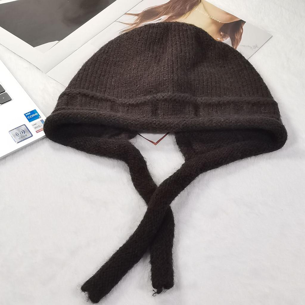 Wool hat women's winter wool lace-up knitted hat solid color fashionable versatile face small warm ear protection Lei Feng hat