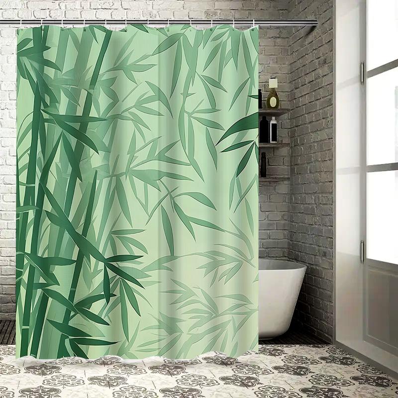 

Modern Minimalist Bamboo Leaf Pattern Shower Curtain Green Colorful Print Waterproof For Bathroom Hanging Complimentary Hook W60H190(CM)-1 Pcs