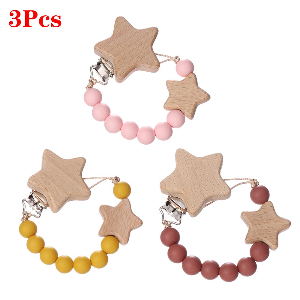 3Pcs Beech Wooden Star Pacifier Baby Pacifier Clip Nipple Holder Dummy Holder Pacifier Clip for Baby Nursing Toys Accessory