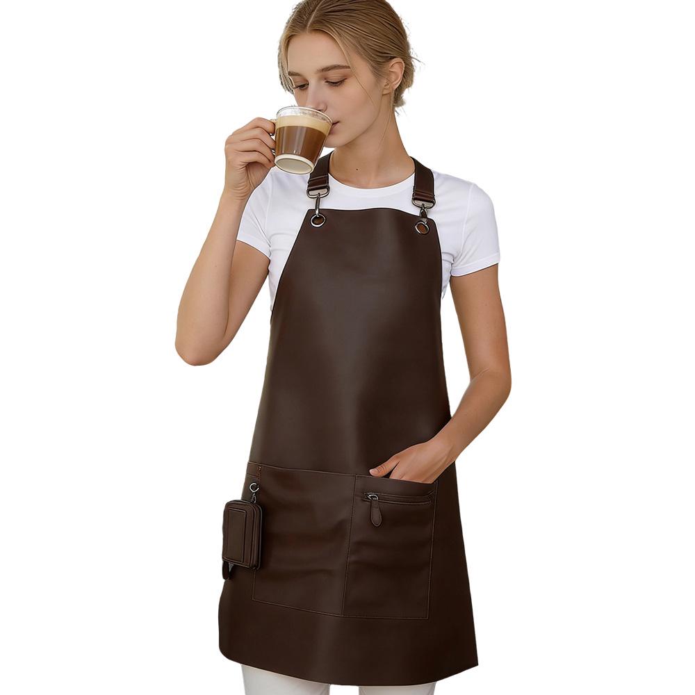 Waterproof PU Leather Apron for Hairdressing, Barbecue, and Cafe Use, with Custom Logo Option
