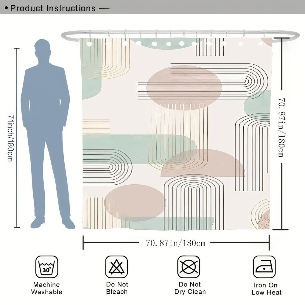 1 Elegant Geometric Print Shower Curtain - Light Beige With Soft Circles And Lines, Polyester Machine Washable, Hook Included