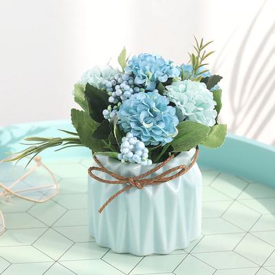 Künstliche gefälschte Topfblumen Bouquet Hortensien mit Vase für Esstisch Dekoration blau