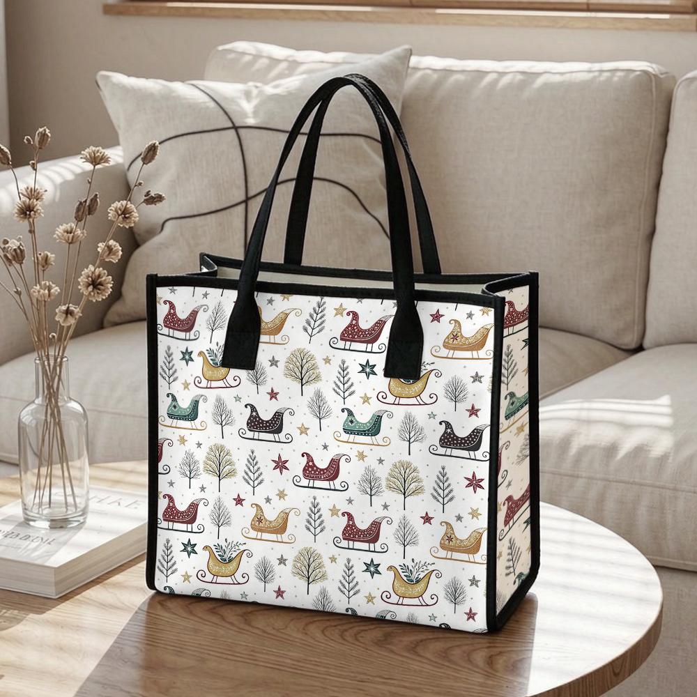 Christmas Sleigh Print Tote Bag Casual Large Capacity Reusable Handbag for Daily Shopping