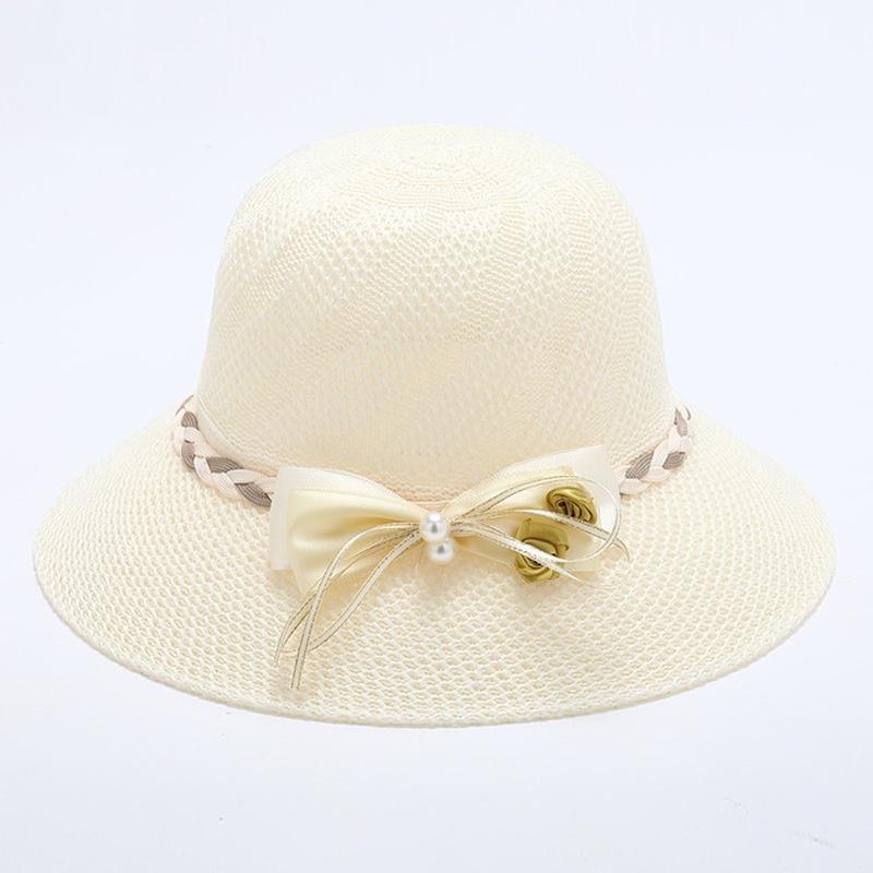 Chapeau de Paille Femme Mode Nœud Fleur Perles Été Grand Bord Chapeau de Plage Extérieur Pliable