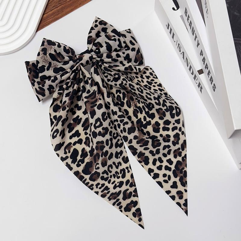 Vintage Leopard Print Bowknot Hairpin Long Ribbon Back Head Spring Clip Ponytail Headwear for Women Elegant Versatile Hairpin