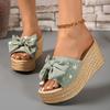 Fashion New Summer Women's Bowknot Decor Wedge Sandals Fashion Maple Leaf Printed Chunky Platform Slippers Woman Thick Sole Beach Slides