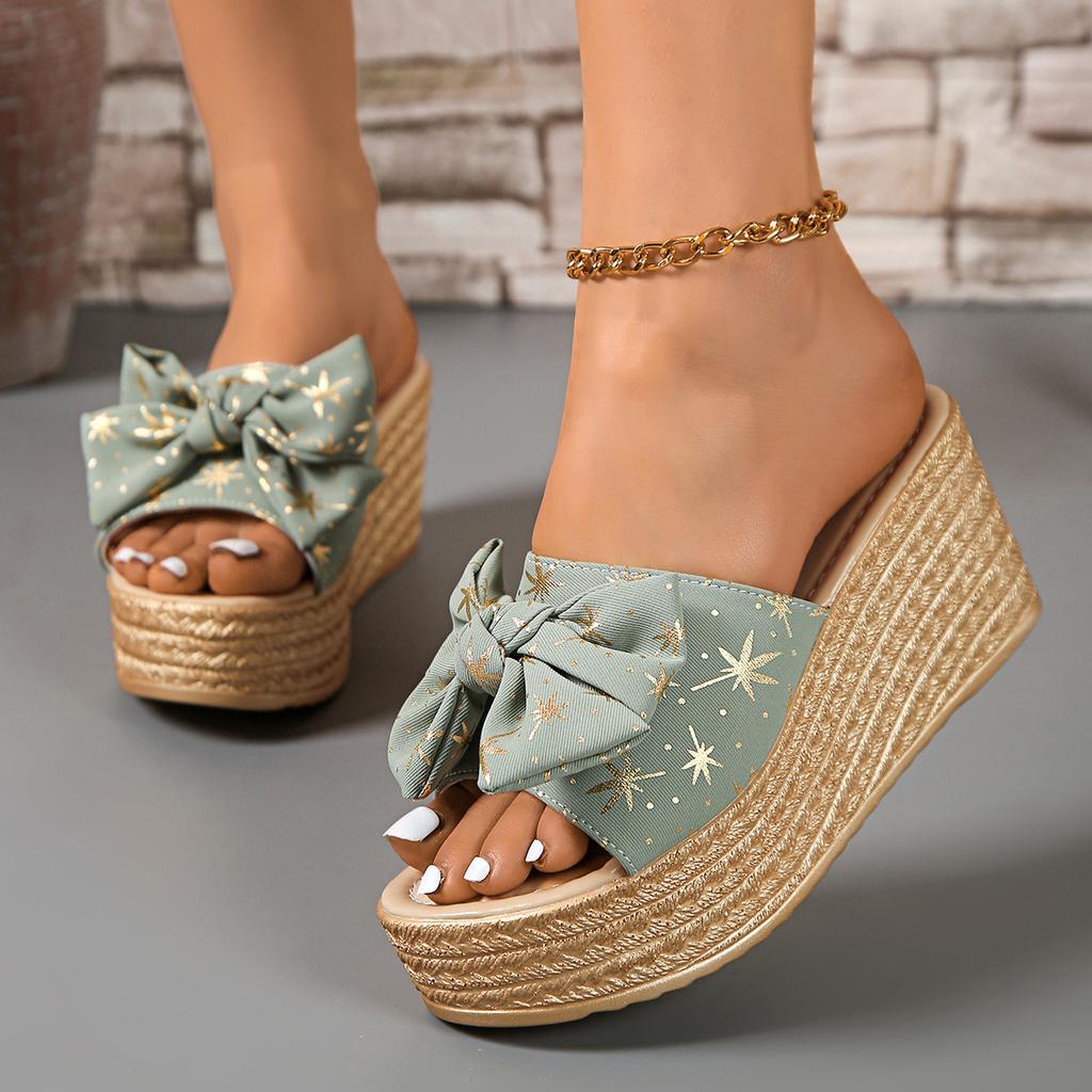 Fashion New Summer Women's Bowknot Decor Wedge Sandals Fashion Maple Leaf Printed Chunky Platform Slippers Woman Thick Sole Beach Slides