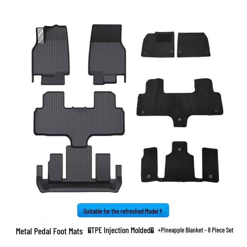 6-Seater Tesla Model Y TPE Metal Foot Mats, Full Coverage, Twill Design
